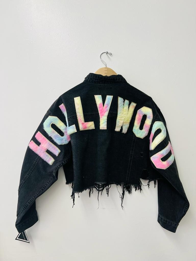 200088-HOLLYWOOD BIG TYPO (MULTI FONT) Crop Denim Jacket