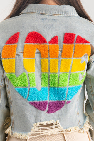 200013-LOVE RAINBOW HEART Crop Denim Jacket