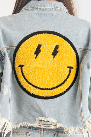 200026-SMILEY FACE BOLT VECTOR (YELLOW) Denim Crop Jacket