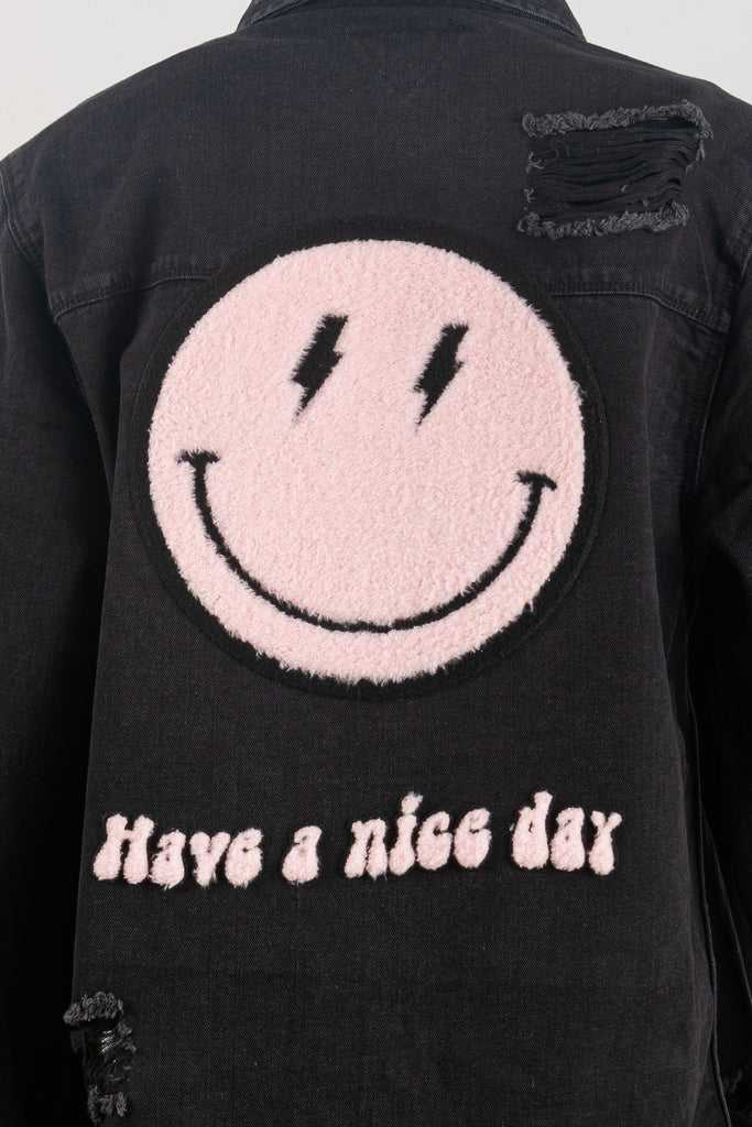 300017-SMILEY FACE BOLT VECTOR (PINK) Denim Long Jacket