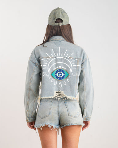 200080-STAY POSITIVE EYE Crop Denim Jacket