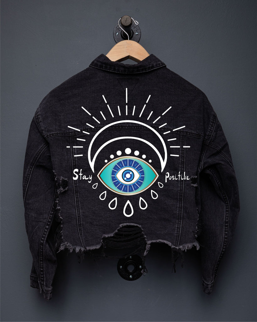 200080-STAY POSITIVE EYE Crop Denim Jacket