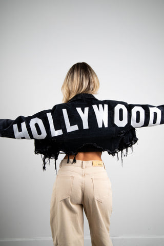 200008-HOLLYWOOD BIG TYPO Denim Crop Jacket