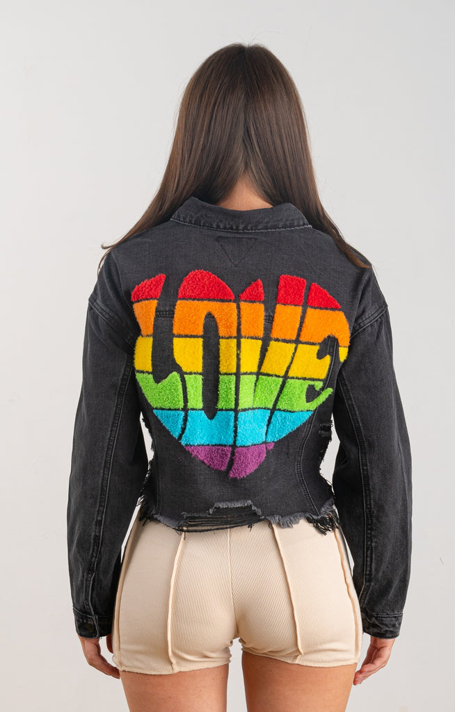 200013-LOVE RAINBOW HEART Crop Denim Jacket