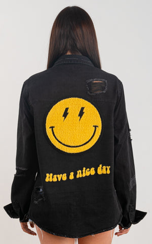 300016-SMILEY FACE BOLT VECTOR (YELLOW) Denim Long Jacket