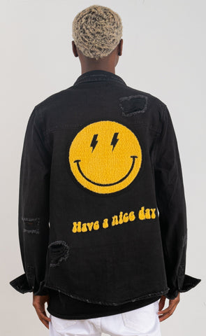 300016-SMILEY FACE BOLT VECTOR (YELLOW) Denim Long Jacket