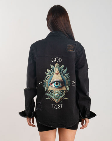 300056-IN GOD WE TRUST Long Denim Jacket