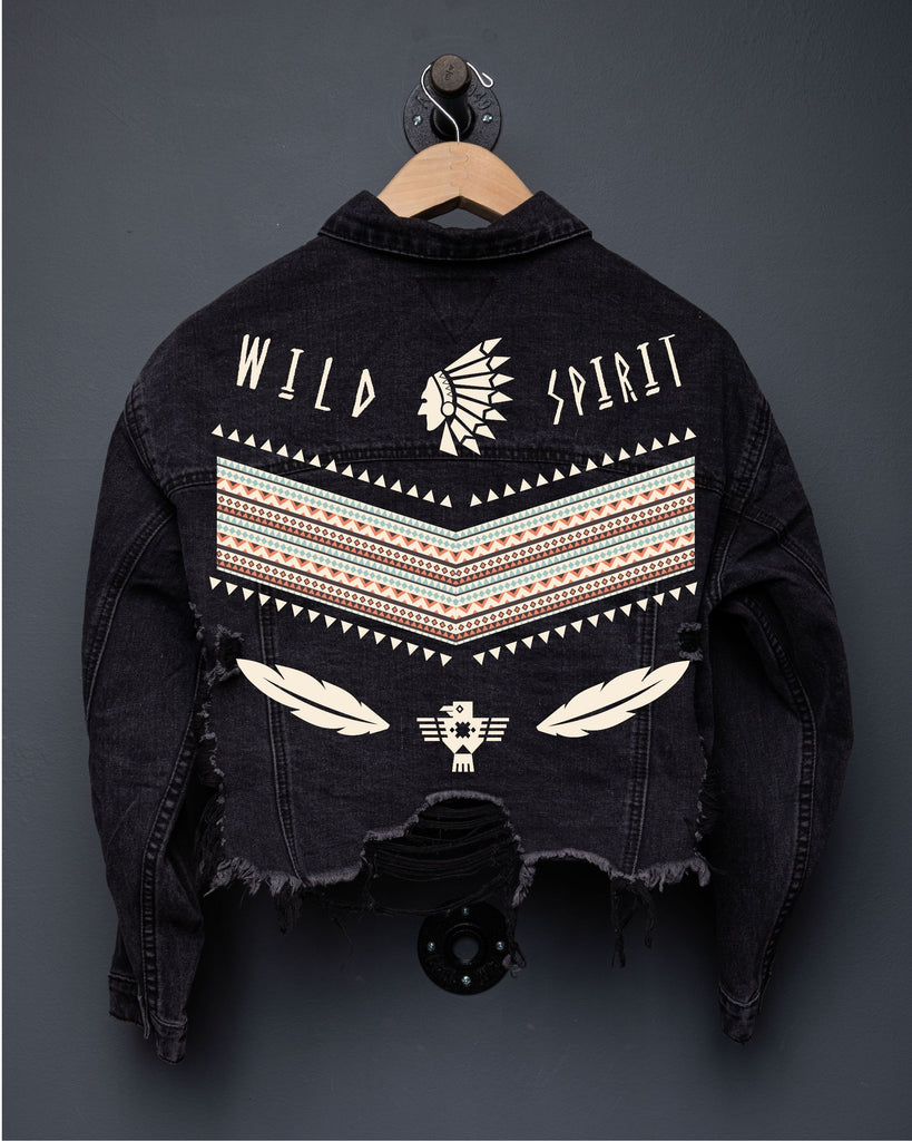 200095-WILD SPIRIT (CREAM FONT) Crop Denim Jacket