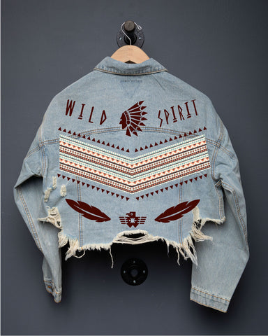 200094-WILD SPIRIT (BROWN FONT) Crop Denim Jacket
