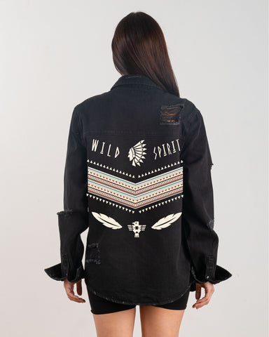 300061-WILD SPIRIT (CREAM FONT) Long Denim Jacket