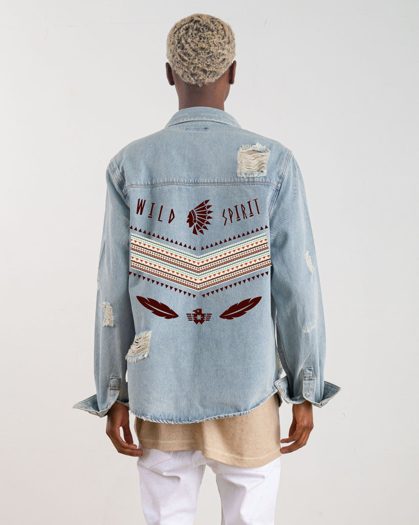 300059-WILD SPIRIT (BROWN FONT) Long Denim Jacket